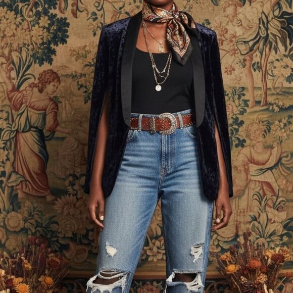 highline Navy Velvet Tuxedo Blazer Cape Statement Slit Sleeves Size 4 - Picture 11 of 11